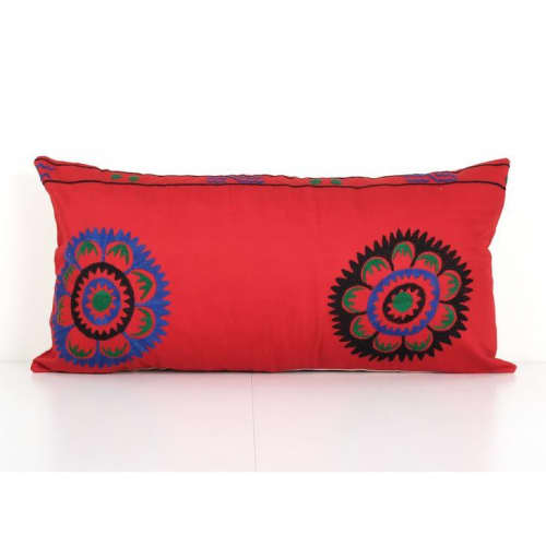 Suzani Long Red Bedding Pillow, Extra Long Turkish Pillow Co | Cushion in Pillows by Vintage Pillows Store