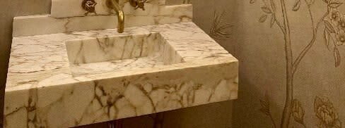 Calacatta Gold Marble Sink: Custom Wall Mount Vessel Basin | Water Fixtures by AEGEAN MARBLE ARTISAN ATELIER