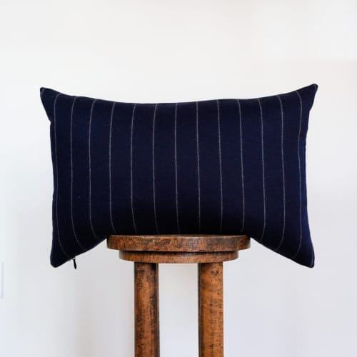 Navy with White Stripes Wool Lumbar Pillow 16x24 | Pillows by Vantage Design