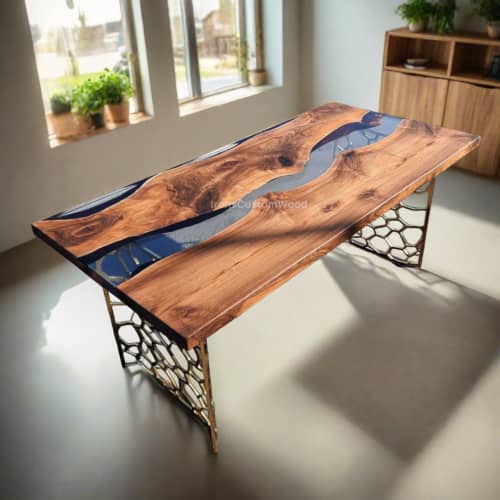 Custom Clear Live Edge Epoxy Walnut Dining Table | Tables by Ironscustomwood. Item made of walnut with glass