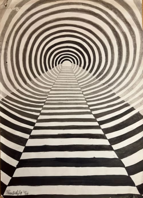 Tunnel of Illusion - Original Ink Painting - Geometric Op Art | Mixed Media in Paintings by Eman's Gallery