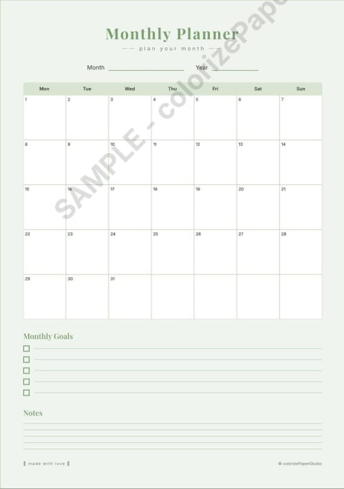 Printable Monthly Planner A4 | 5 Color Themes | Minimalist Undated Planner | Instant Download PDF | Calendar Planner Insert | Gift Cards by Colorize Paper Studio
