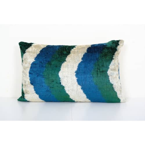 Color Palette Silk Ikat Velvet Pillow, Simple Design Blue | Sham in Linens & Bedding by Vintage Pillows Store. Item composed of cotton & fiber