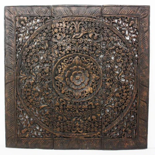 Haussmann® Teak Lotus Panel Inlay 36 in x 36 in Black Stain | Engraving in Art & Wall Decor by Haussmann®