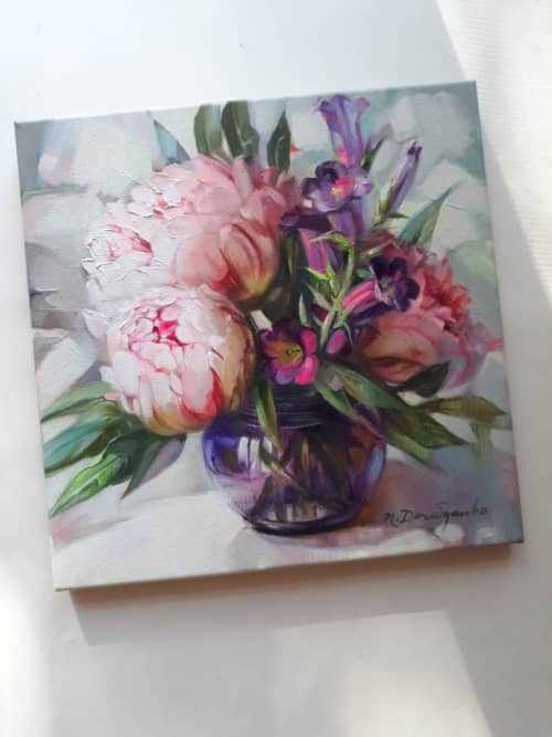 Bluebell flowers peony painting in purple glass vase floral | Oil And Acrylic Painting in Paintings by Natart. Item composed of canvas & synthetic