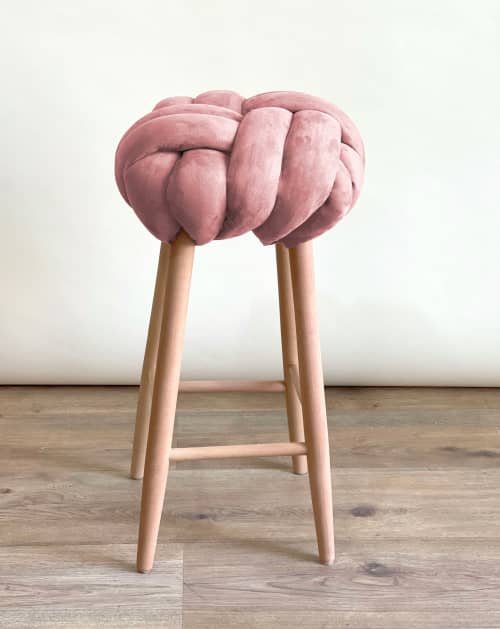 Rose Pink Vegan Suede Knot Bar Stool | Chairs by Knots Studio. Item made of walnut with fabric