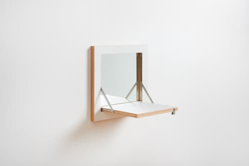 Wall Mounted Vanity Mirror | Fläpps Vanity Mirror | Folding Makeup Mirror with Shelf, Birch Plywood, Black | Shelving in Storage by AMBIVALENZ