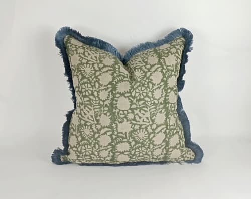 green block print pillow, green floral pillow, green block | Pillows by velvet + linen