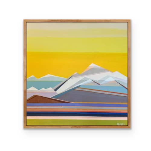 Original 20x20 Geometric Mountain Landscape | Sunshine Days by Shilo Ratner | Oil And Acrylic Painting in Paintings by Shilo Ratner