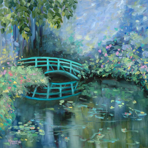 Monets Garden Bridge | Oil And Acrylic Painting in Paintings by Meredith H. Item composed of canvas in boho or mid century modern style