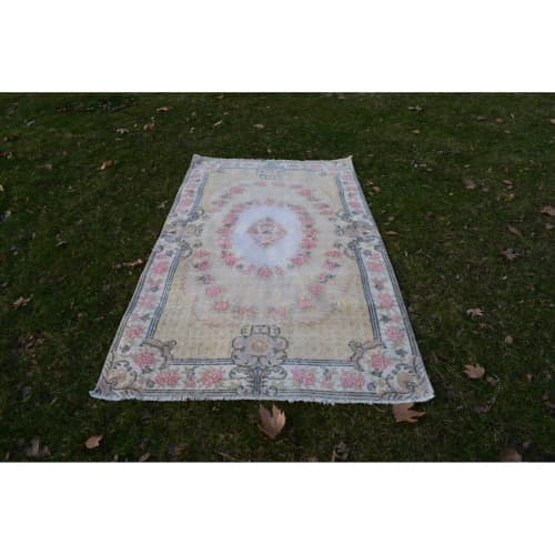 Hand Knotted Faded Yellow Wool Turkish Sparta Rug | Small Rug in Rugs by Vintage Pillows Store. Item made of cotton with fiber