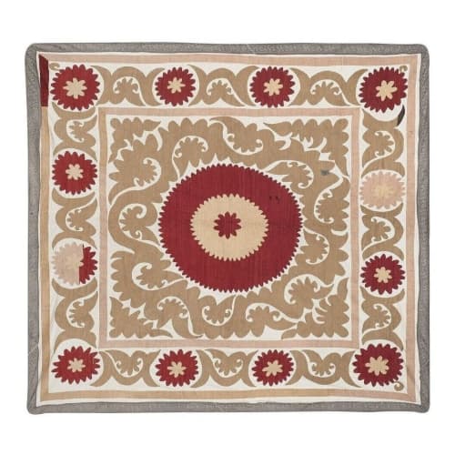 Suzani White Washed Pastel Tapestry -Brown Uzbek Table | Wall Hangings by Vintage Pillows Store. Item made of cotton