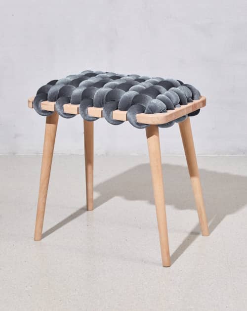 Grey Velvet Woven Stool | Chairs by Knots Studio. Item made of wood with fabric
