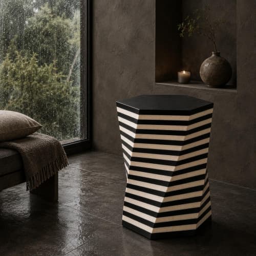 Hexagon Bone Inlay Side Table, Black Ivory Striped Column Accent Table | Tables by IKKAZA