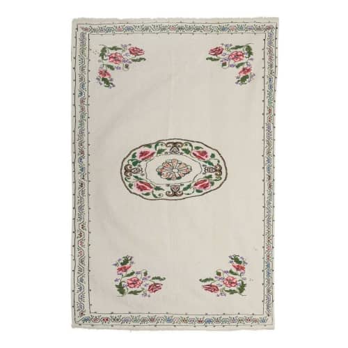 Vintage Turkish Floral Aubusson Style Kilim Rug - Handmade | Area Rug in Rugs by Vintage Pillows Store. Item made of wool with fiber