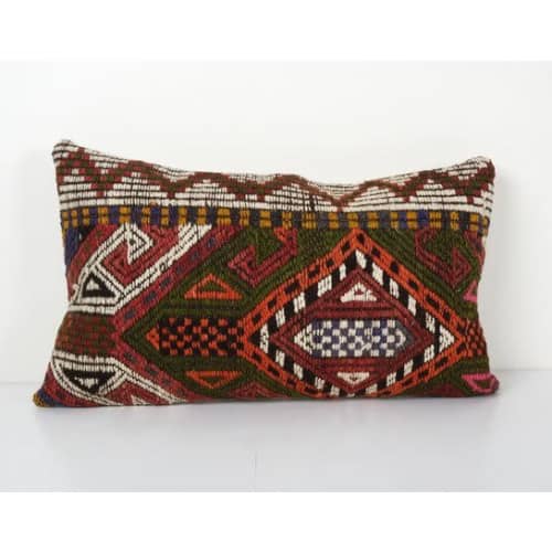 Extra Long Red Lumbar Cicim Pillow Cover -Wool Turkish Jajim | Cushion in Pillows by Vintage Pillows Store