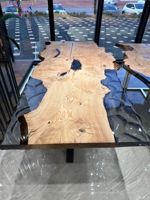 Clear Mappa Burl Table - Epoxy Resin Custom Made Table | Dining Table in Tables by Tinella Wood. Item made of wood with steel works with minimalism & contemporary style