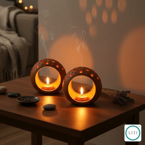 Rin Terracotta Tealight Candle Holders | Decorative Objects by Lit Lamps - Sustainable Mindful Lighting. Item works with asian & rustic style