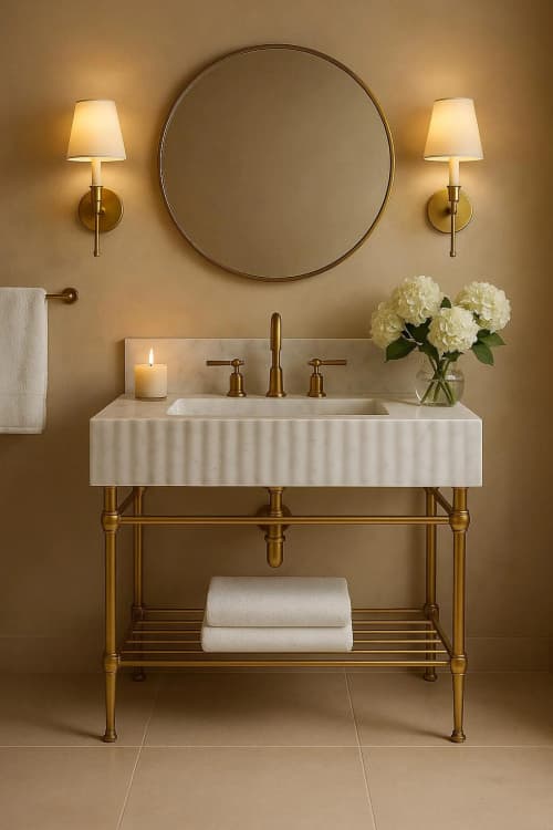 Carrara White Marble Vanity with Brass Legs and Metal Shelf | Water Fixtures by Vero Marble