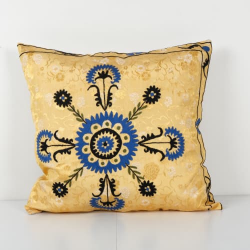 Suzani Ethnic Square Yellow Pillow Case Fashioned from a Mid | Cushion in Pillows by Vintage Pillows Store