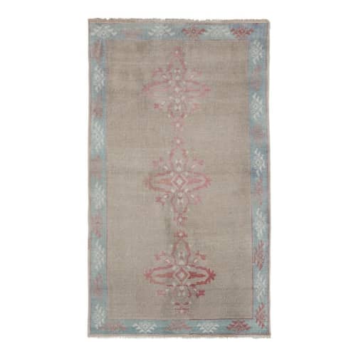 Distressed Area Rug Hand Knotted Colorful Low Pile Oushak | Rugs by Vintage Pillows Store. Item composed of cotton and fiber