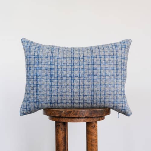 Grey Wool with Navy Plaid Stripes Lumbar Pillow 14x20 | Pillows by Vantage Design