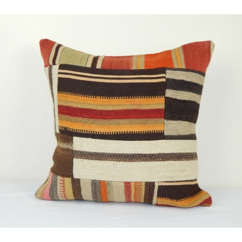 20" x 20" Stripe Turkish Patchwork Kilim Pillow | Cushion in Pillows by Vintage Pillows Store. Item composed of cotton