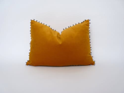 pom pom pillow  // ochre yellow velvet cushion // grey | Pillows by velvet + linen