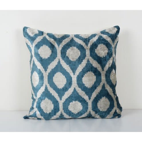 Square Pale Blue Ikat Velvet Pillow, Silk White Polka Dot Ve | Cushion in Pillows by Vintage Pillows Store