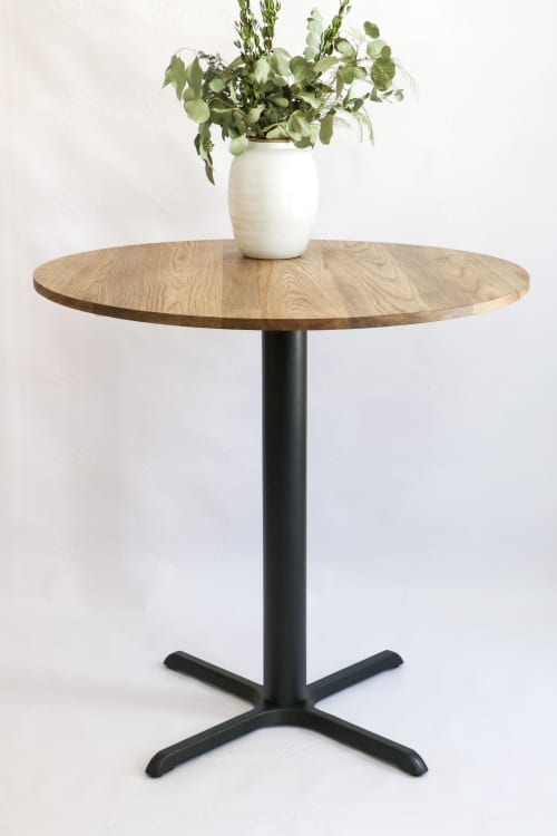 Modern Round Hackberry Pub Table with Black Steel Legs | Side Table in Tables by Hazel Oak Farms. Item composed of wood and metal