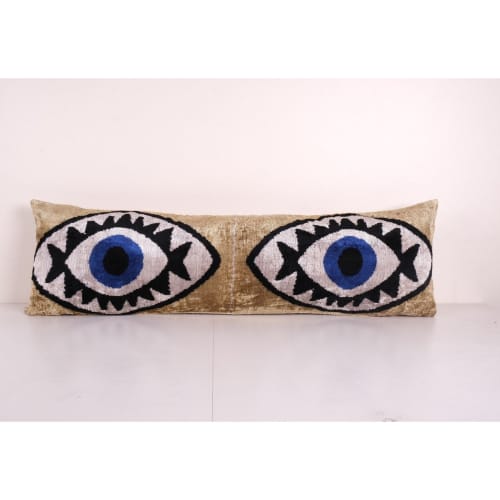 Gold Ikat Eye Velvet Pillow, Handwoven Silk Velvet Extra Lon | Cushion in Pillows by Vintage Pillows Store