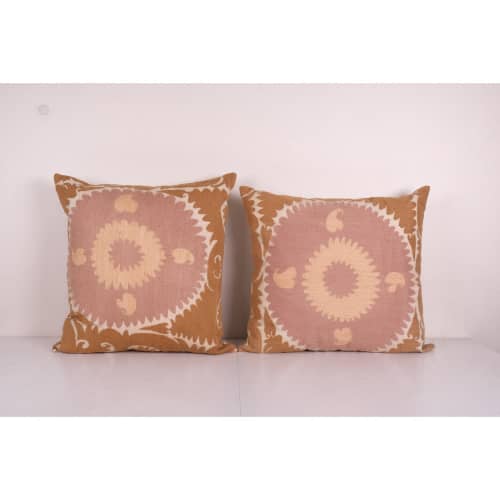 Set of Two Uzbek Faded Pink Suzani Cushion Cover, Pair Suzan | Pillows by Vintage Pillows Store