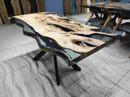 Custom Made Live Edge Ash Wood Clear Epoxy Resin Office Desk | Dining Table in Tables by LuxuryEpoxyFurniture. Item composed of wood and synthetic