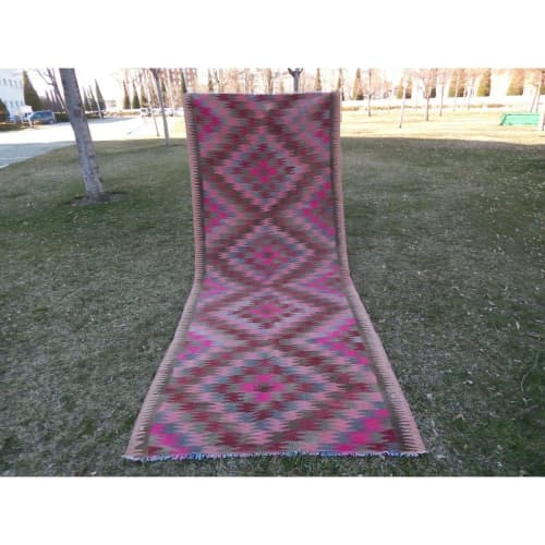 1970s Vintage Geometrical Caucasian Kilim Runner | Runner Rug in Rugs by Vintage Pillows Store. Item made of cotton
