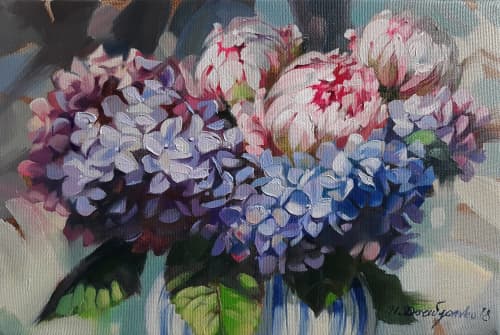 Hydrangea and peonies flowers in vase Original floral art | Oil And Acrylic Painting in Paintings by Natart. Item composed of canvas and synthetic in contemporary style