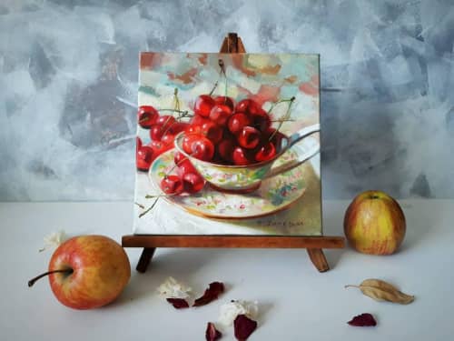 Original oil painting Fruit art, Cherry painting art Still | Oil And Acrylic Painting in Paintings by Natart. Item made of canvas with synthetic works with contemporary style