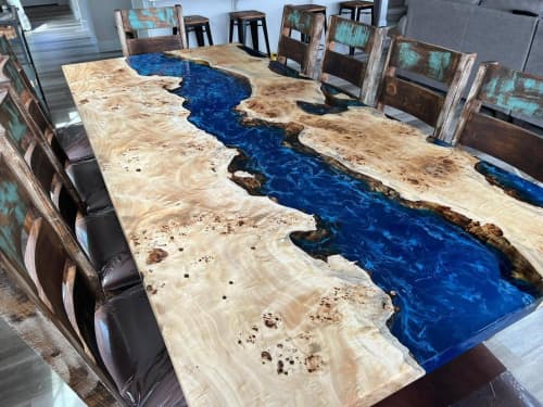 River Epoxy Resin Table, Blue White Resin Dining Table | Tables by LuxuryEpoxyFurniture. Item made of wood with synthetic