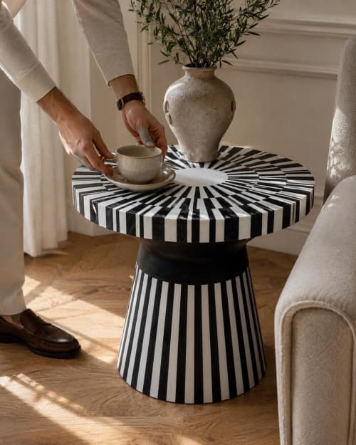 Black and White Bone Inlay Round Side Table, Striped Boho Accent Furniture | Tables by IKKAZA. Item in boho or japandi style
