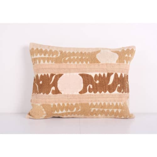 Suzani Lumbar Pillow Fashioned from Uzbek Textile - Faded Br | Cushion in Pillows by Vintage Pillows Store