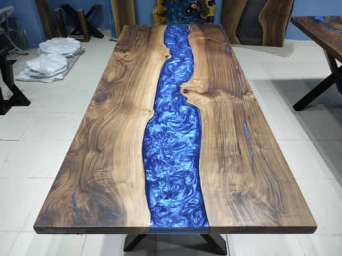 Dark Walnut Wood Metallic Blue River Epoxy Resin Dining | Dining Table in Tables by LuxuryEpoxyFurniture. Item made of wood with synthetic