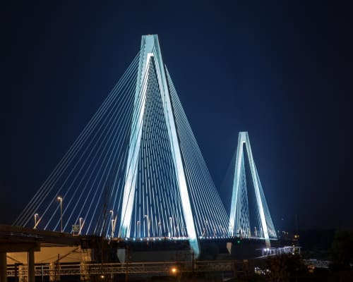 Veteran's Memorial Bridge (the Stan Musial Span or Stan Span) in St. Louis, MO USA at night from North St. Louis looking East lit up. | Photography by Coblitz Creative Concepts, LLC