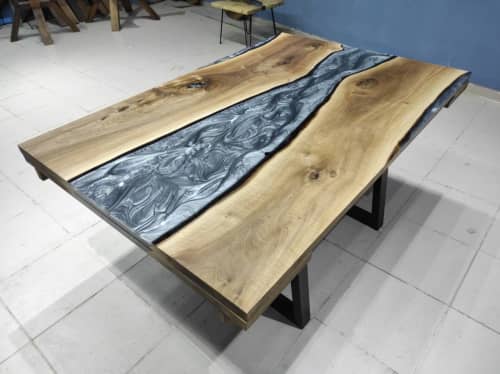 Custom Order Walnut Metallic Gray Epoxy Table - Foldable | Dining Table in Tables by LuxuryEpoxyFurniture. Item made of wood with synthetic