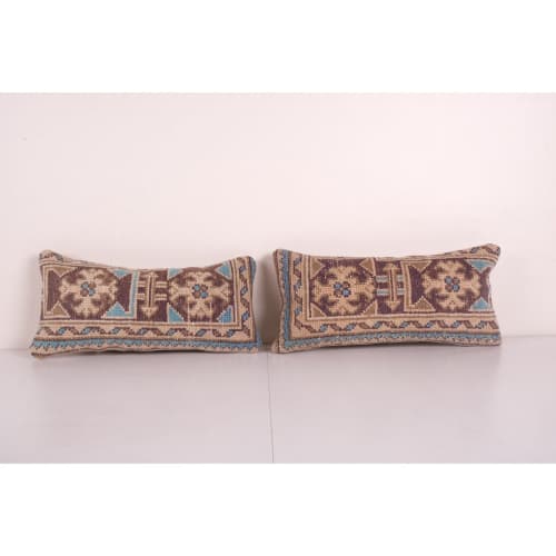 Muted Turkish Oushak Rug Pillow - Pair Vintage Wool Rectangu | Cushion in Pillows by Vintage Pillows Store