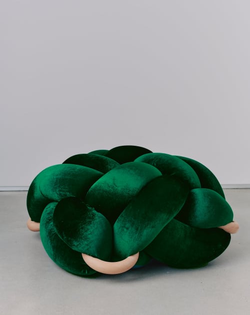 (L) Emerald Green Velvet Knot Floor Cushion | Pouf in Pillows by Knots Studio. Item composed of wood and fabric