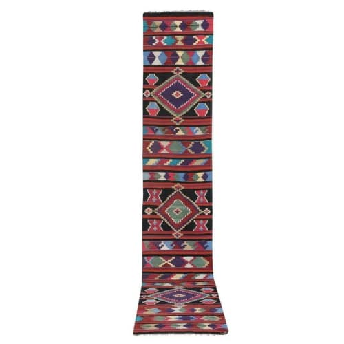 Mid Century Nomadic Wool Anatolian Hall Kilim Runner, Galler | Runner Rug in Rugs by Vintage Pillows Store. Item composed of cotton