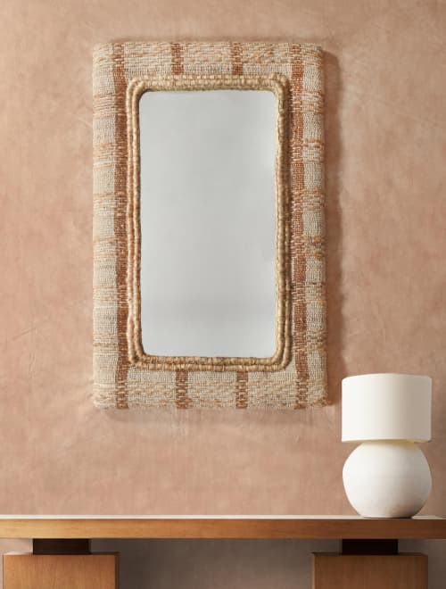 Handwoven Ivory Wool and Brown Cotton Mirror – Textured Geometric Boho Wall Decor | Decorative Objects by Swiflo