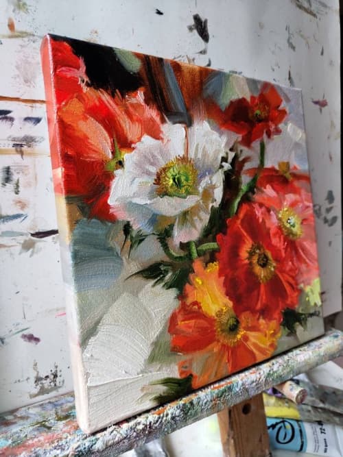 Poppy painting original art on canvas 8x8, Red flower oil | Oil And Acrylic Painting in Paintings by Natart. Item composed of canvas and synthetic in contemporary style