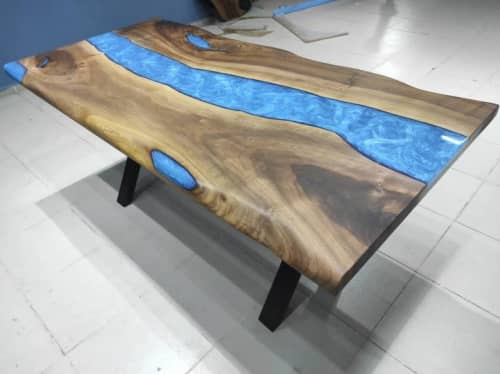 Epoxy Resin Walnut Live Edge Table | River Epoxy Dining | Dining Table in Tables by LuxuryEpoxyFurniture. Item made of wood with synthetic