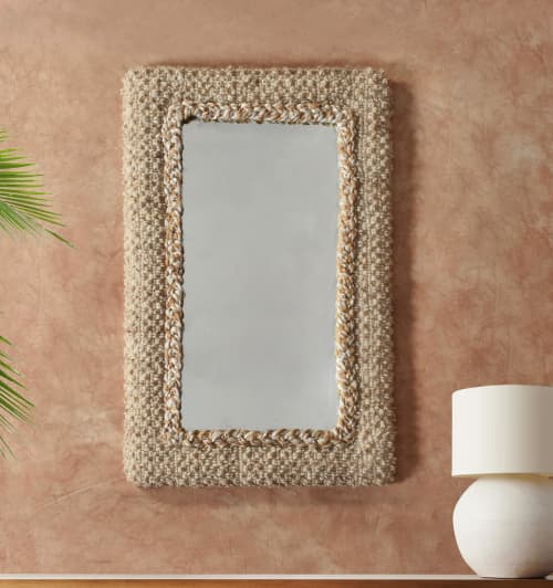 Beige Handwoven Wool Wall Mirror Modern Rustic Boho Decor for Living Room or Bedroom | Decorative Objects by Swiflo