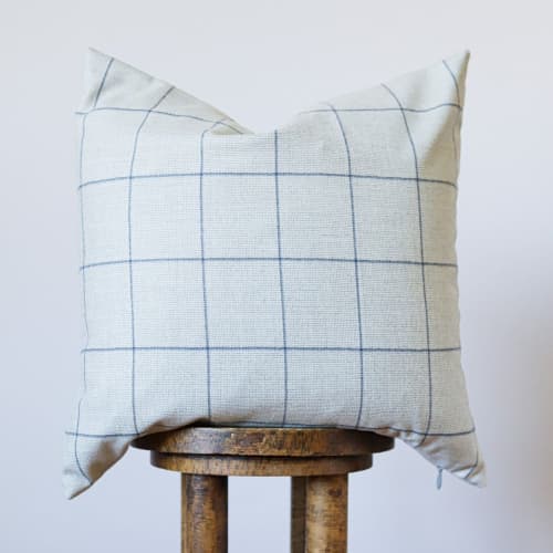 Grey Wool with Blue Plaid Stripes Pillow 20x20 | Pillows by Vantage Design